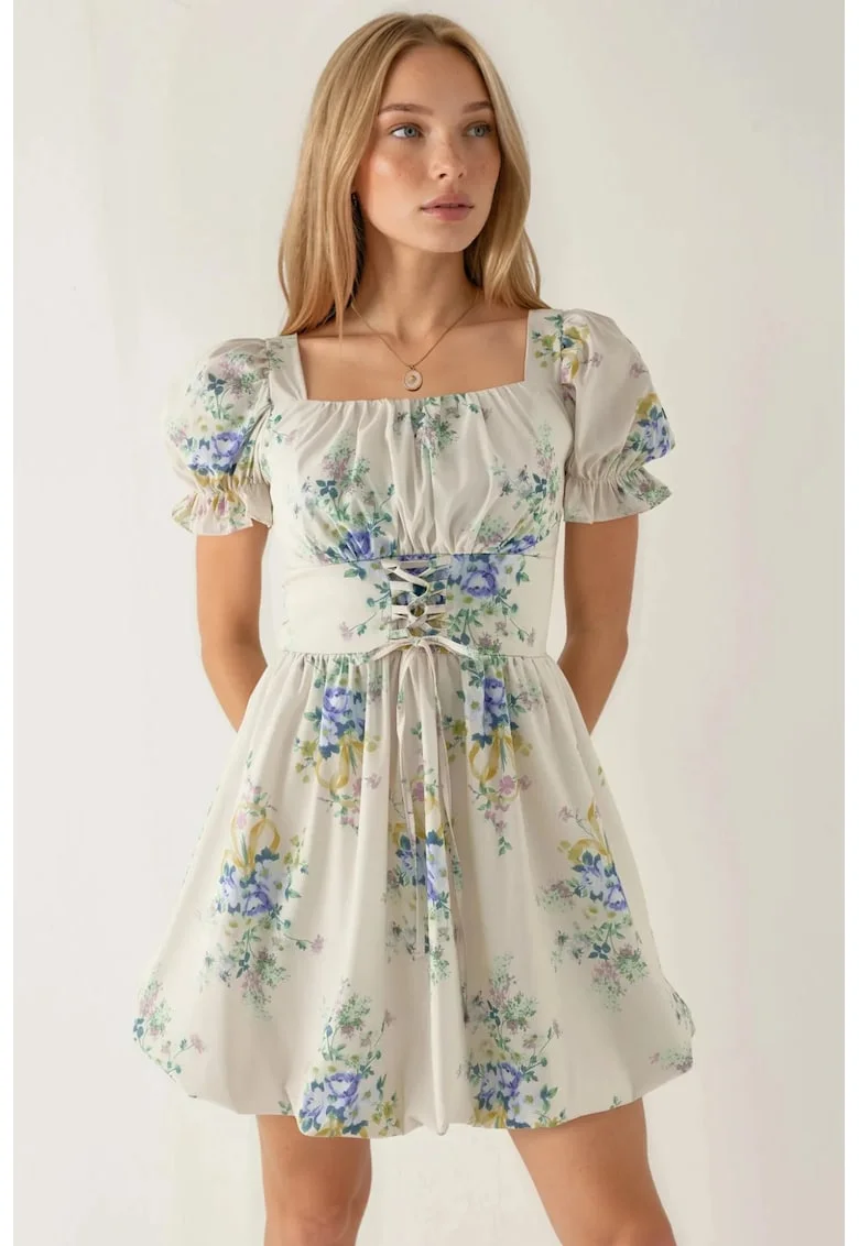 Rochie mini A-line  floral cu detaliu corset, alb, poliester-lycra