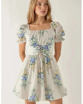 Rochie mini A-line  floral cu detaliu corset, alb, poliester-lycra