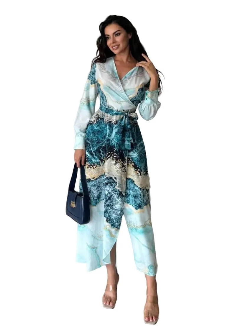 Rochie Maxi,  imprimeu abstract, detaliu cordon, verde, poliester/lycra