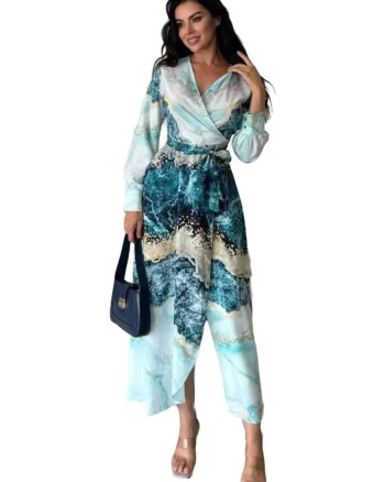 Rochie Maxi,  imprimeu abstract, detaliu cordon, verde, poliester/lycra