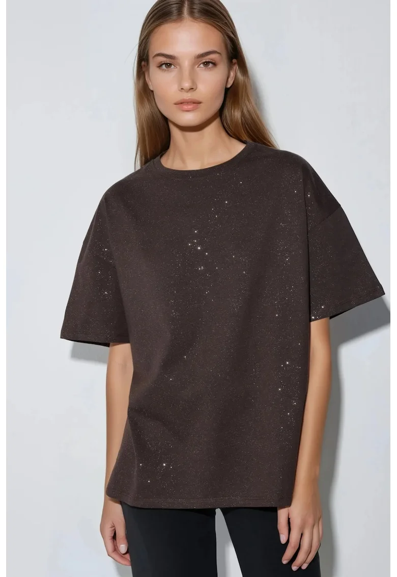 Tricou dama  maneca scurta, paiete, maro, jerseu