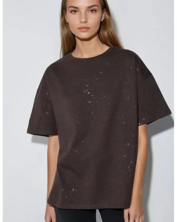 Tricou dama  maneca scurta, paiete, maro, jerseu