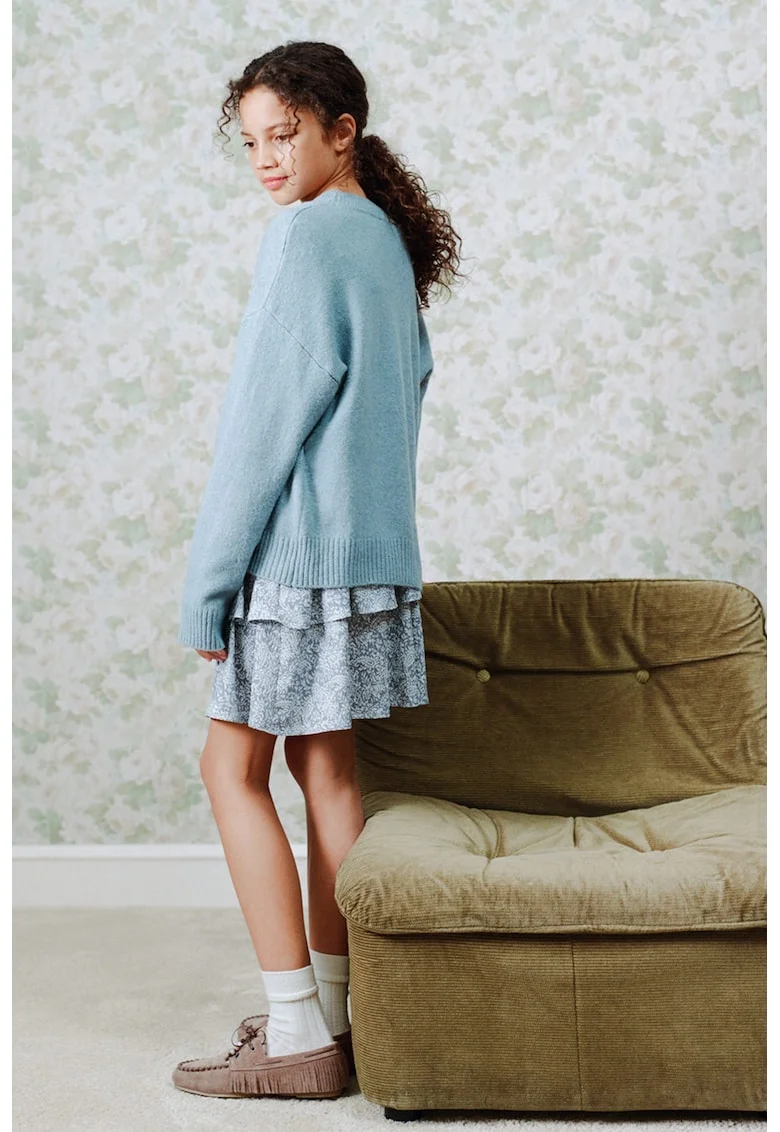 Fusta cu model paisley, volane si talie cu insertie elastica, Albastru