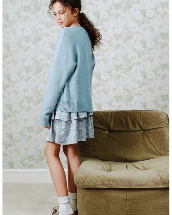 Fusta cu model paisley, volane si talie cu insertie elastica, Albastru