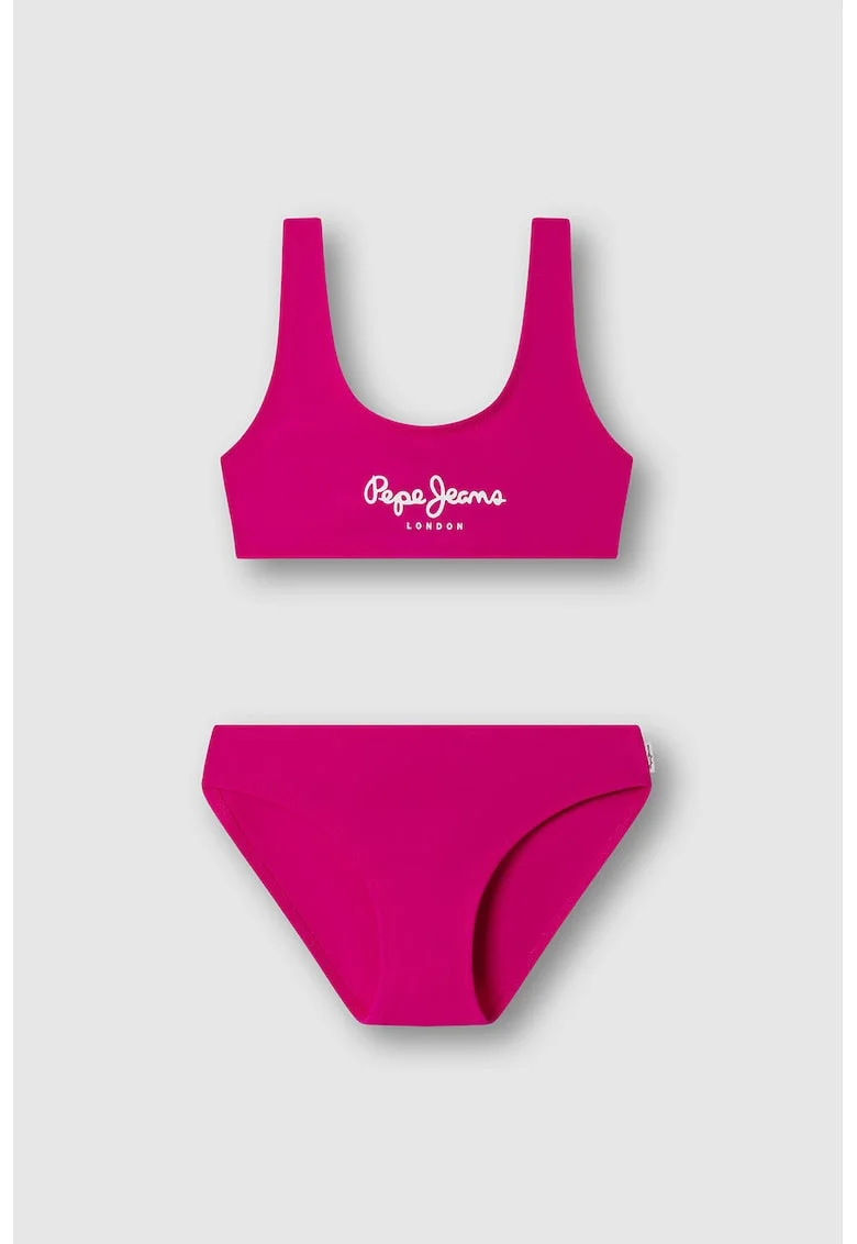 Costum de baie din doua piese cu imprimeu logo, Fucsia/Roz aprins
