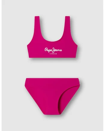 Costum de baie din doua piese cu imprimeu logo, Fucsia/Roz aprins