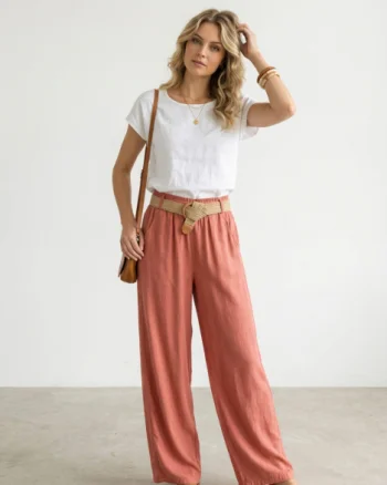 Pantaloni dama lejeri din tencel, cu talie elastica si curea, roz inchis