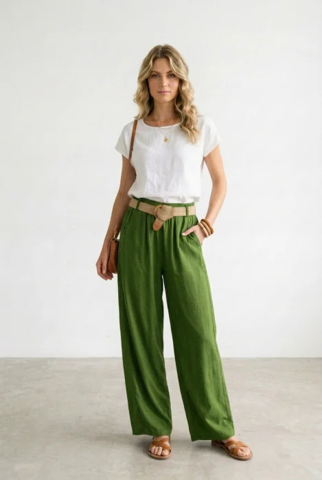 Pantaloni dama lejeri din tencel, cu talie elastica si curea, verde olive