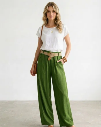 Pantaloni dama lejeri din tencel, cu talie elastica si curea, verde olive
