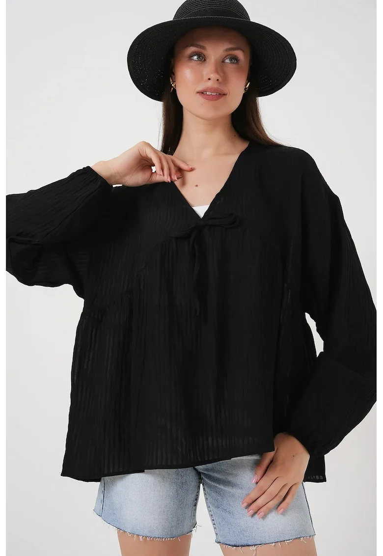 Bluza dama, HiCCUP, BDART, volane, decolteu in V, negru, textil