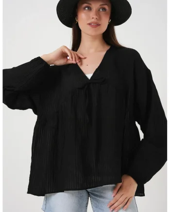 Bluza dama, HiCCUP, BDART, volane, decolteu in V, negru, textil