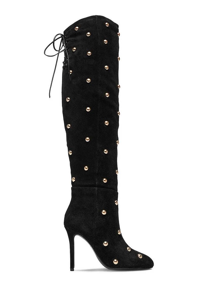 Cizme dama,  piele intoarsa, negru, toc stiletto, fermoar,