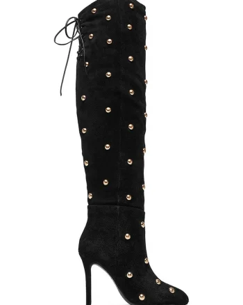 Cizme dama,  piele intoarsa, negru, toc stiletto, fermoar,