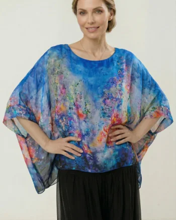Bluza vaporoasa tip poncho din matase, croi oversized cu print pictural multicolora albastru