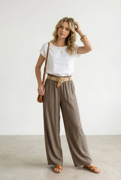 Pantaloni dama lejeri din tencel, cu talie elastica si curea, bej inchis