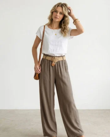 Pantaloni dama lejeri din tencel, cu talie elastica si curea, bej inchis