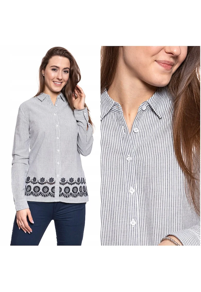 Camasa Dama In Dungi,  EMMA KC STRIPE, 100% Bumbac Natural, Croiala Regular Fit, Material Moale Si Respirabil, Design Clasic Cu Guler, Inchidere Nasturi, Ideala Pentru Tinute Casual, Marimea 36 S, Alb Gri Albastru