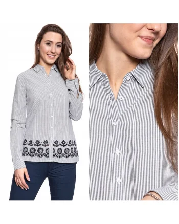 Camasa Dama In Dungi,  EMMA KC STRIPE, 100% Bumbac Natural, Croiala Regular Fit, Material Moale Si Respirabil, Design Clasic Cu Guler, Inchidere Nasturi, Ideala Pentru Tinute Casual, Marimea 36 S, Alb Gri Albastru