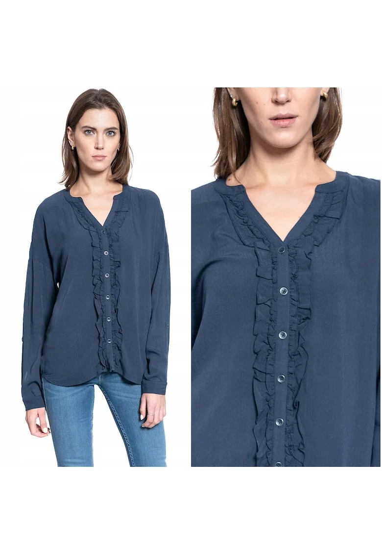 Camasa Dama,  EDDA V RUFFLES, Material Vaporos 100% Vascoza, Croiala Regular Fit, Design Elegant Cu Decolteu In V, Textura Moale Si Usoara, Ideala Pentru Tinute Office, Marimea 36 S, Albastru