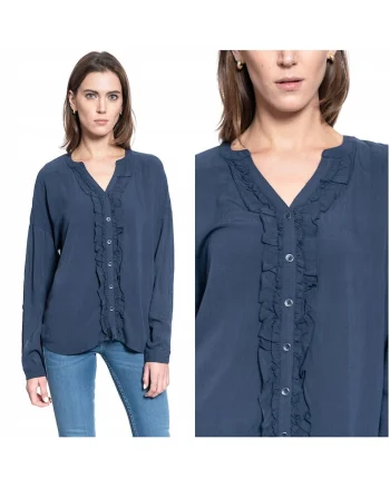 Camasa Dama,  EDDA V RUFFLES, Material Vaporos 100% Vascoza, Croiala Regular Fit, Design Elegant Cu Decolteu In V, Textura Moale Si Usoara, Ideala Pentru Tinute Office, Marimea 36 S, Albastru