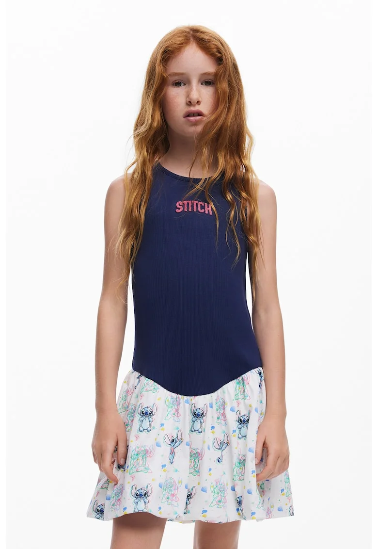 Rochie combi cu imprimeu Stitch, Alb/Bleumarin