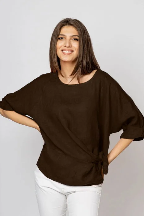 Bluza din in maro inchis masura mare cu nod pe talie