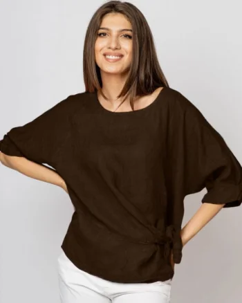 Bluza din in maro inchis masura mare cu nod pe talie