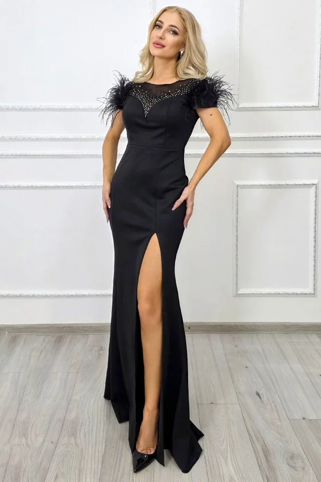 Rochie lunga de seara Clarimond, cu pene si cristale inserate, Negru