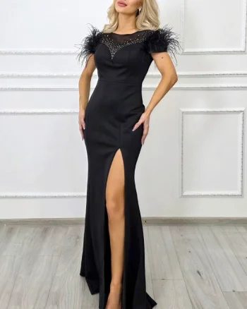 Rochie lunga de seara Clarimond, cu pene si cristale inserate, Negru