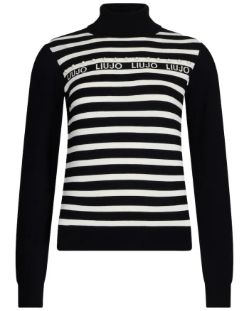 Pulover cu dungi si guler inalt, Alb/Negru