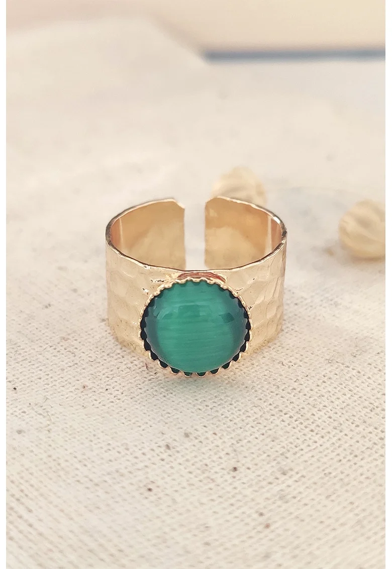 Inel ajustabil cu piatra cat-eye, Verde/Auriu
