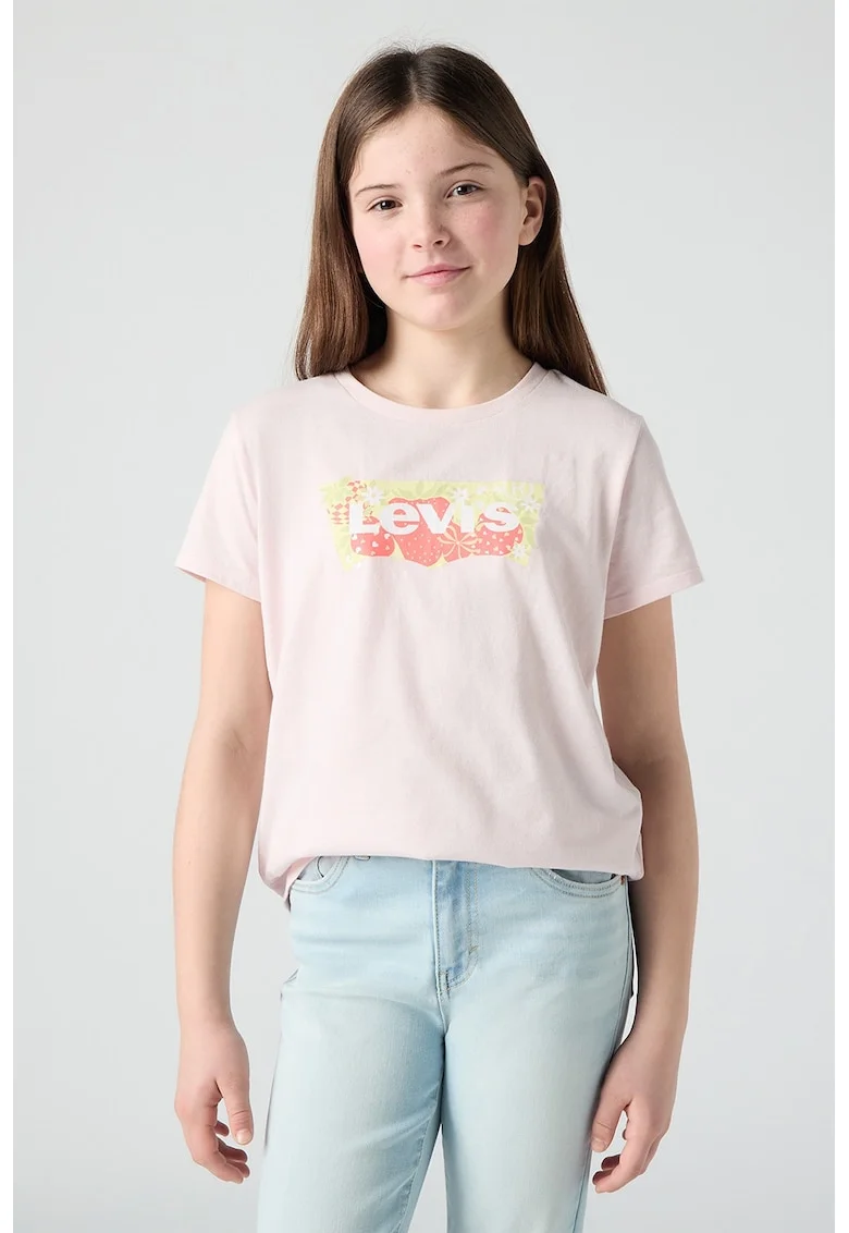 Tricou din amestec de bumbac cu imprimeu logo, Roz pal