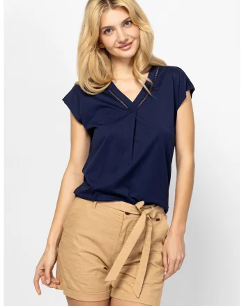 Tricou cu decolteu in V si detalii perforate Melanda, Bleumarin
