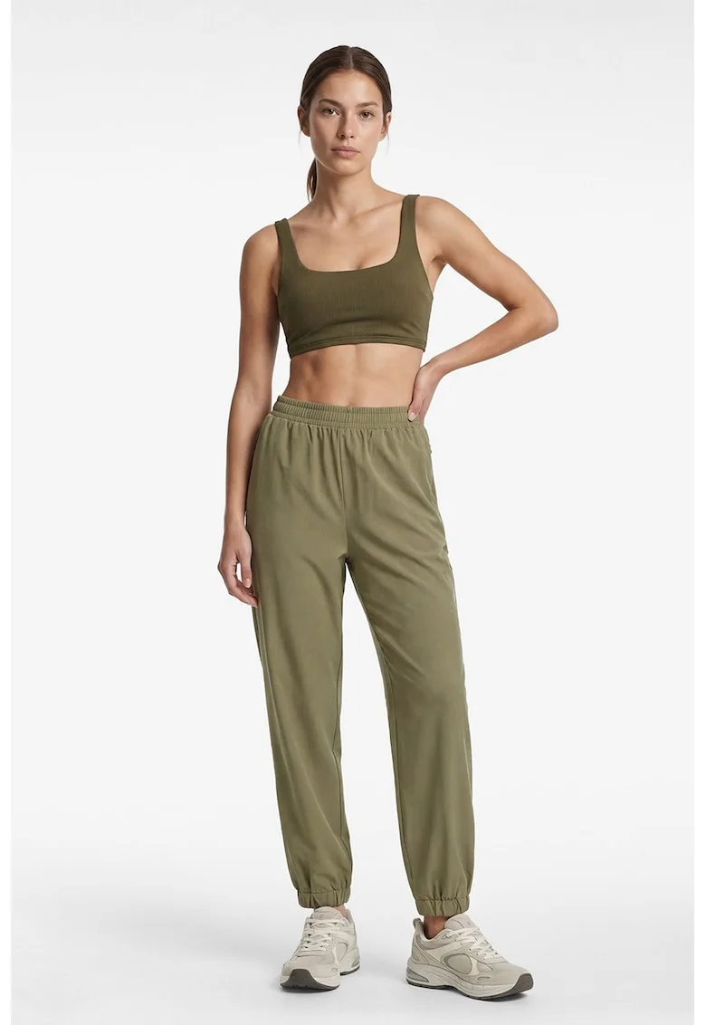 Pantaloni uni de trening cu talie inalta, Verde masliniu