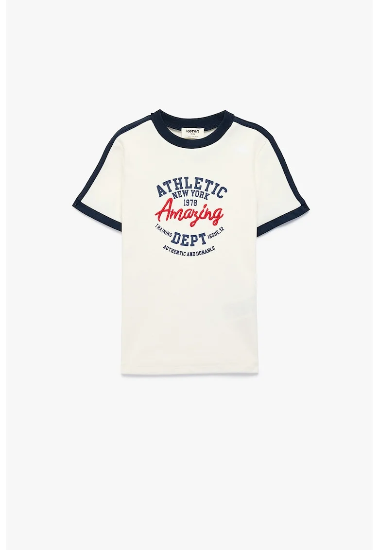 Tricou cu decolteu la baza gatului si imprimeu text, Alb