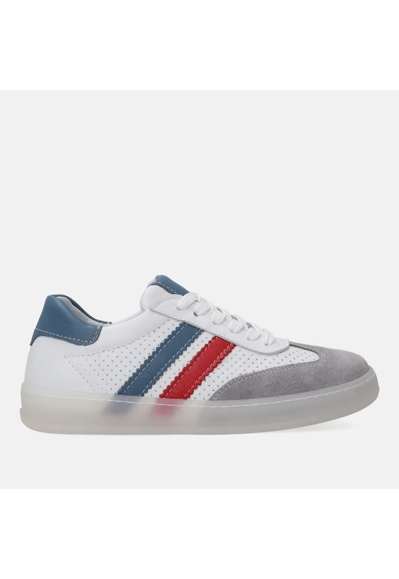 Pantofi sport din piele, cu garnituri de piele intoarsa si perforatii, Alb, Gri, Alb/Gri