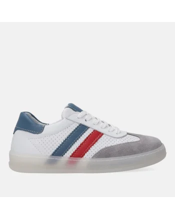 Pantofi sport din piele, cu garnituri de piele intoarsa si perforatii, Alb, Gri, Alb/Gri