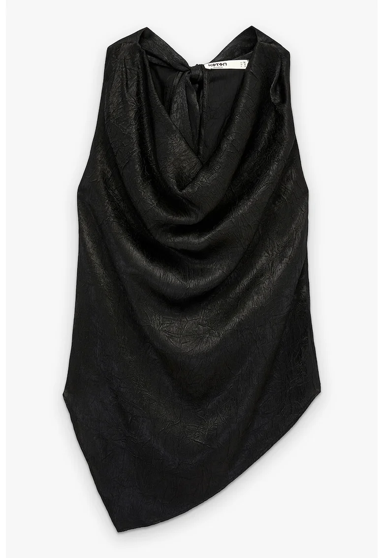 Bluza de satin cu fronseuri, terminatie asimetrica, fara maneci, Negru