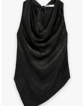 Bluza de satin cu fronseuri, terminatie asimetrica, fara maneci, Negru