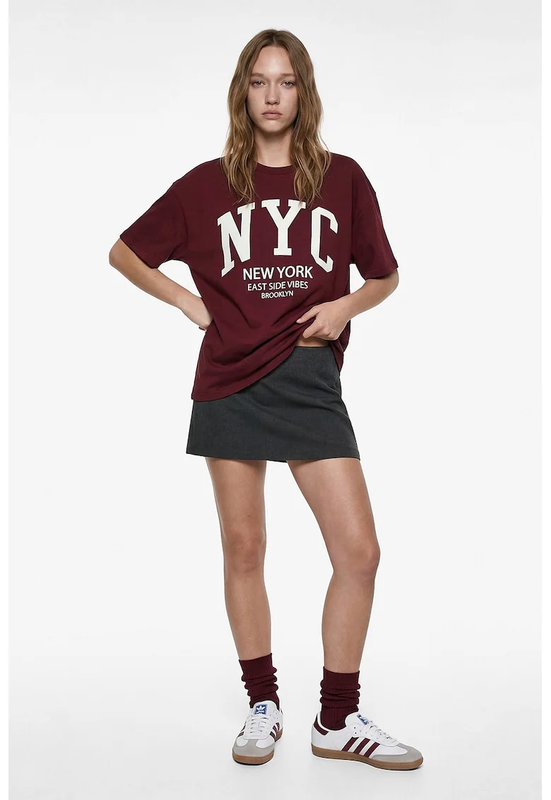 Tricou de bumbac cu imprimeu, Rosu inchis/Alb optic