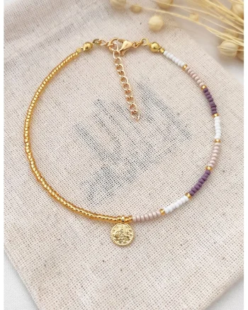 Bratara pentru glezna decorata cu margele miyuki multicolore, Alb/Auriu/Violet