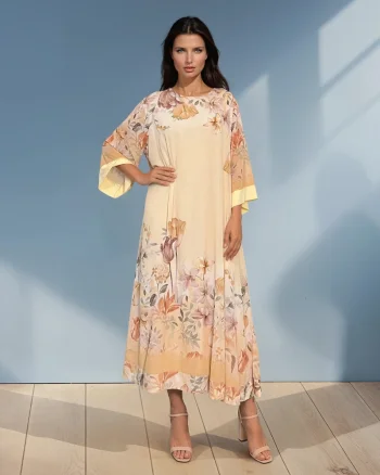 Rochie lungă batal din voal cu imprimeu floral galben - Unica S-L