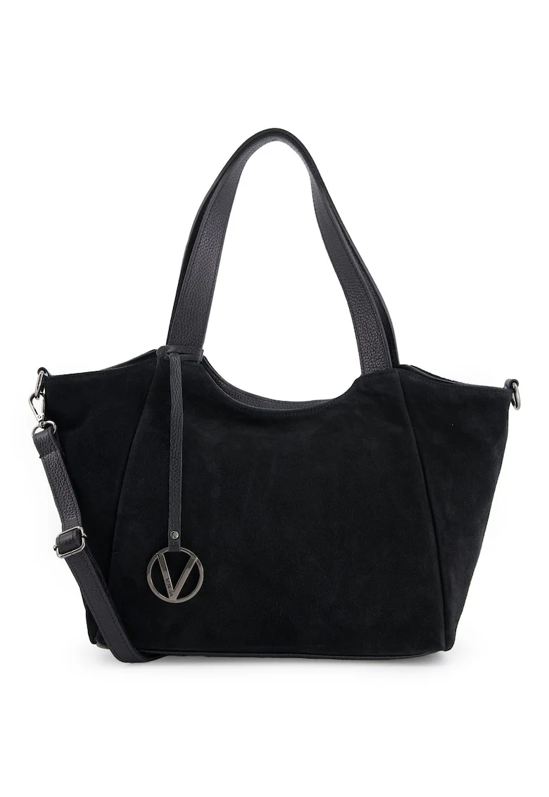 Geanta shopper dama  piele intoarsa, neagra, 27x42x11cm, curea detasabila 121cm