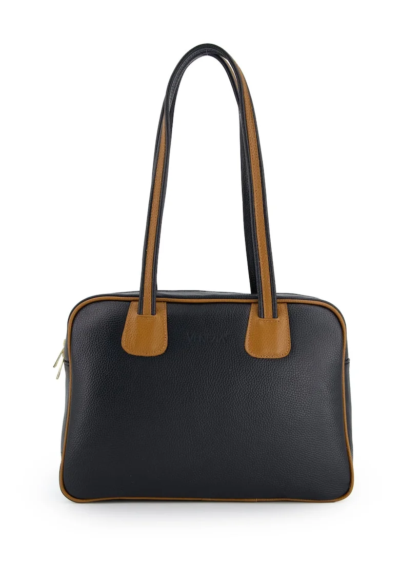 Geanta de umar,  piele naturala, neagra, 36x26x10cm, 3 buzunare interioare, detalii aurii