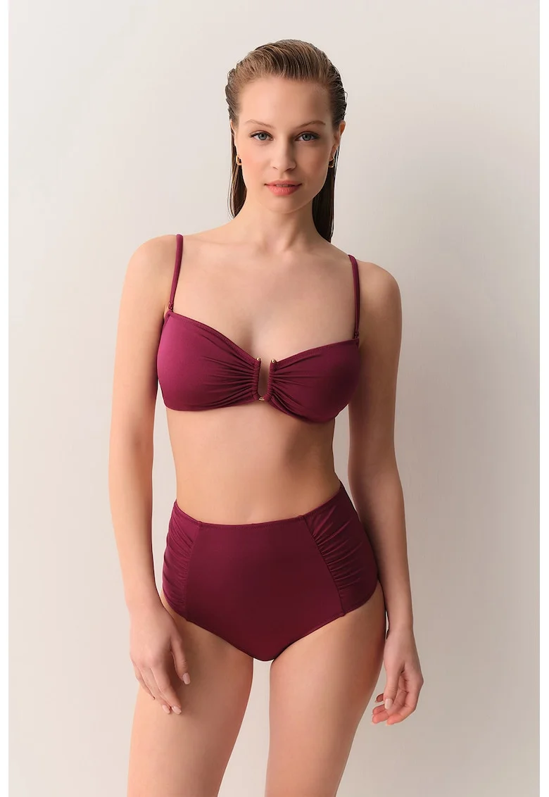 Costum de baie cu talie inalta si fronseuri, Roz fandango
