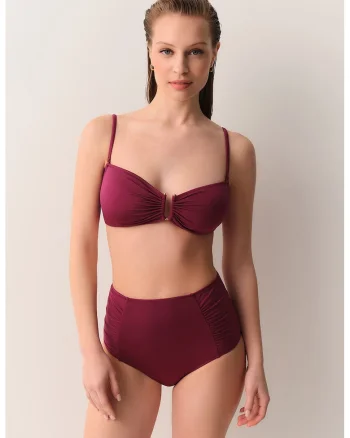 Costum de baie cu talie inalta si fronseuri, Roz fandango
