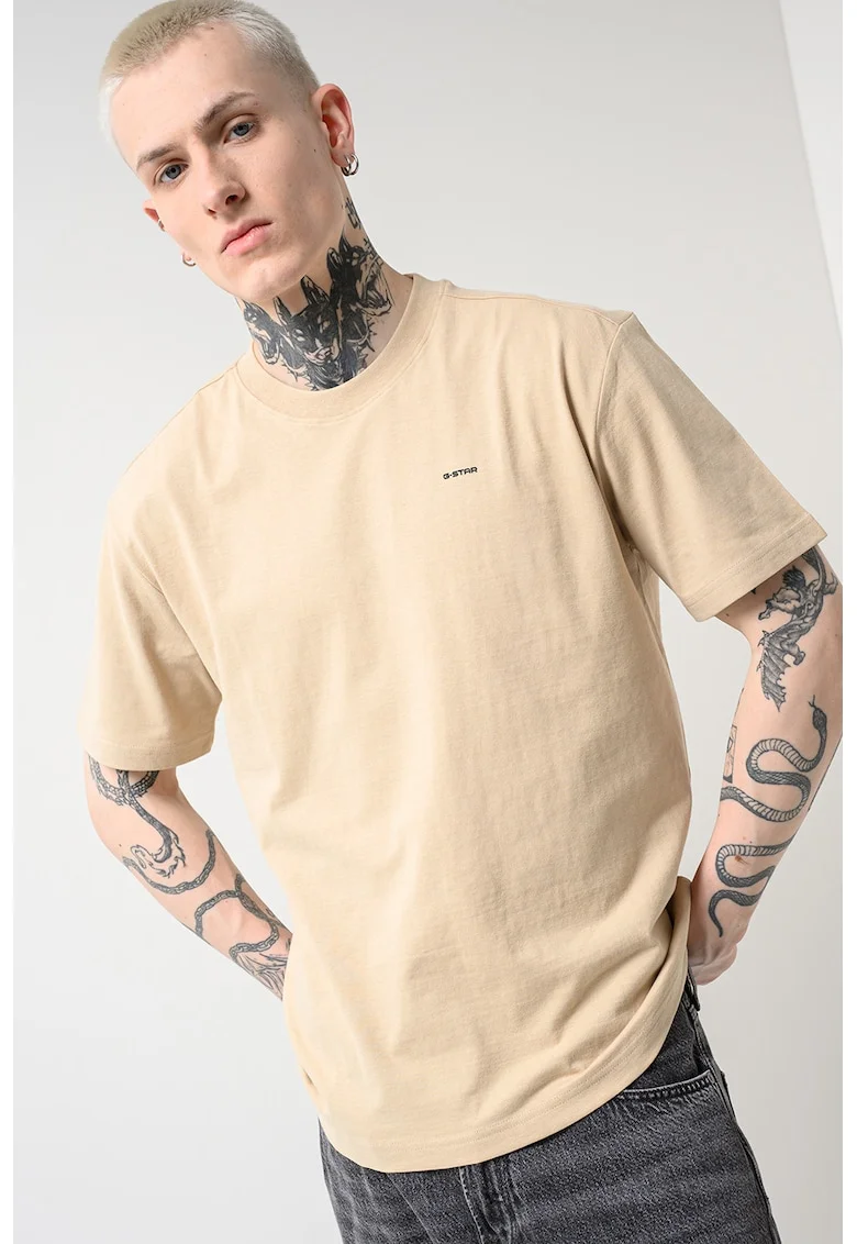 Tricou din amestec de bumbac organic cu decolteu la baza gatului, Bej