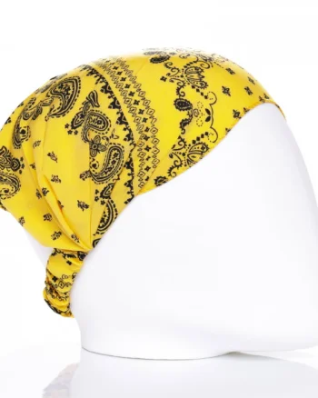 Bandana cu imprimeu negru pe fond galben si elastic la spate