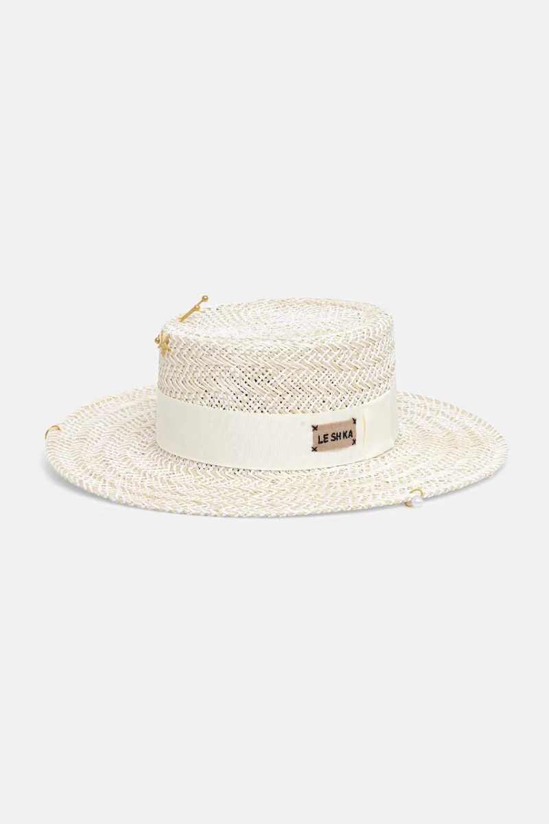 LE SH KA pălărie de paie de damă Double Chain Pearl Canotier