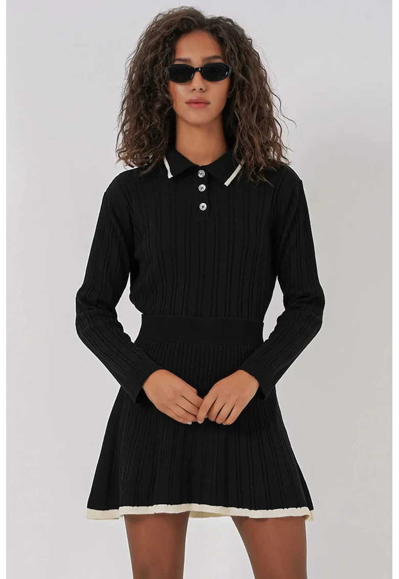Set coordonat tricotat BigDart, guler polo, material acrilic, Negru,